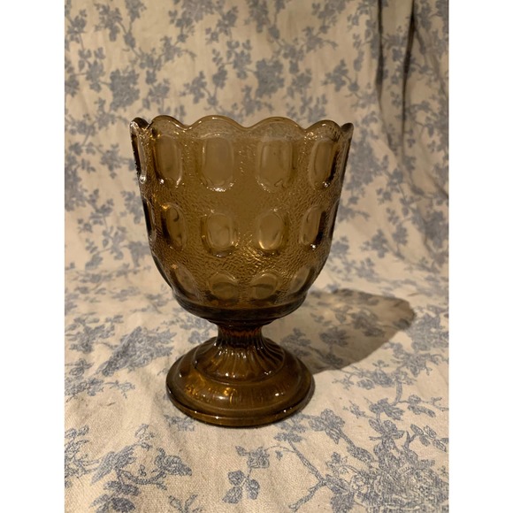 EO Brody Co Smoky Brown Pressed Glass Pedestal Bowl and Thumbprint Vase - Picture 2 of 10
